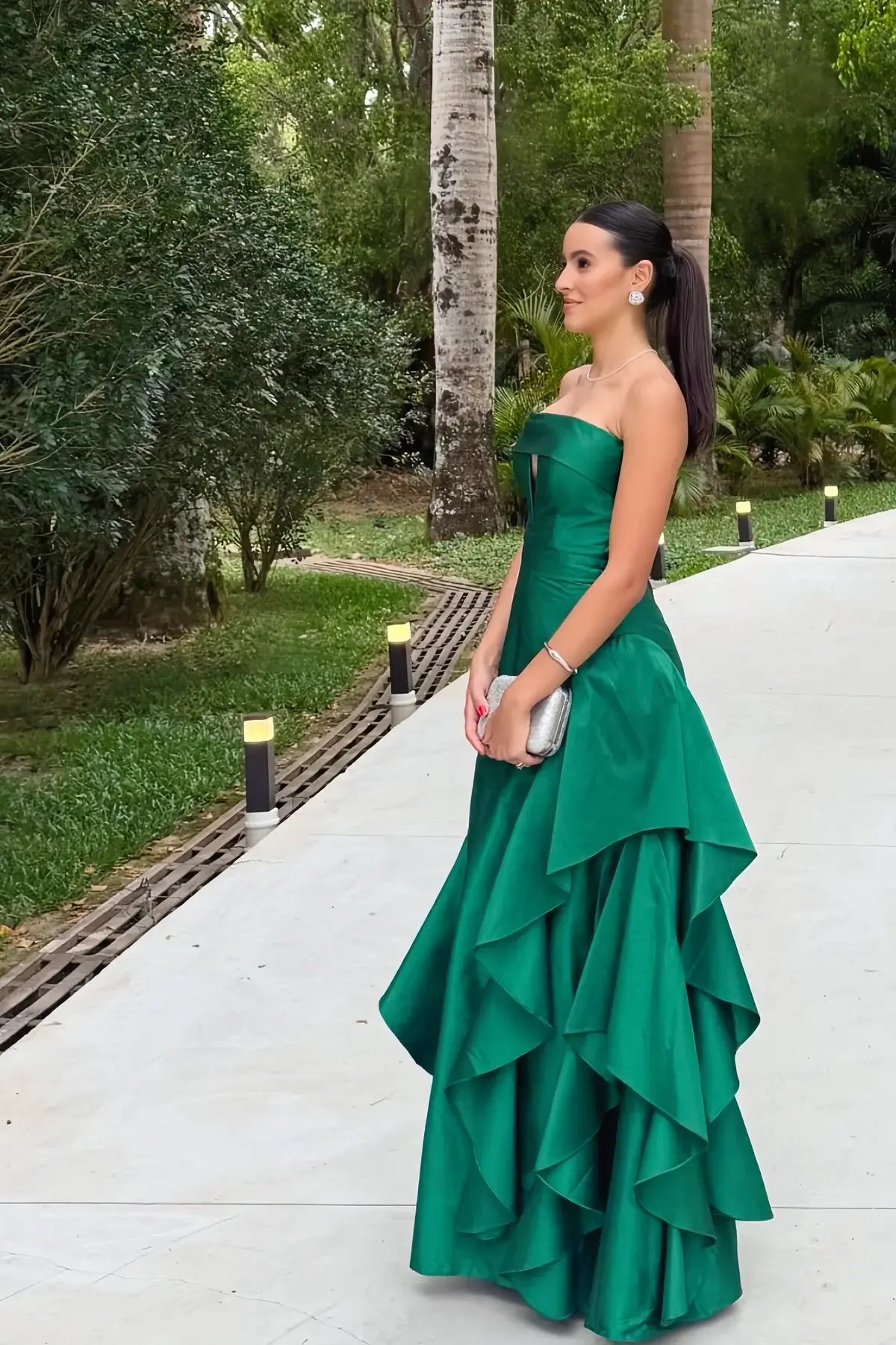 Long Green Strapless Formal Wedding Guest Dress Asymmetric Hem Cut-out