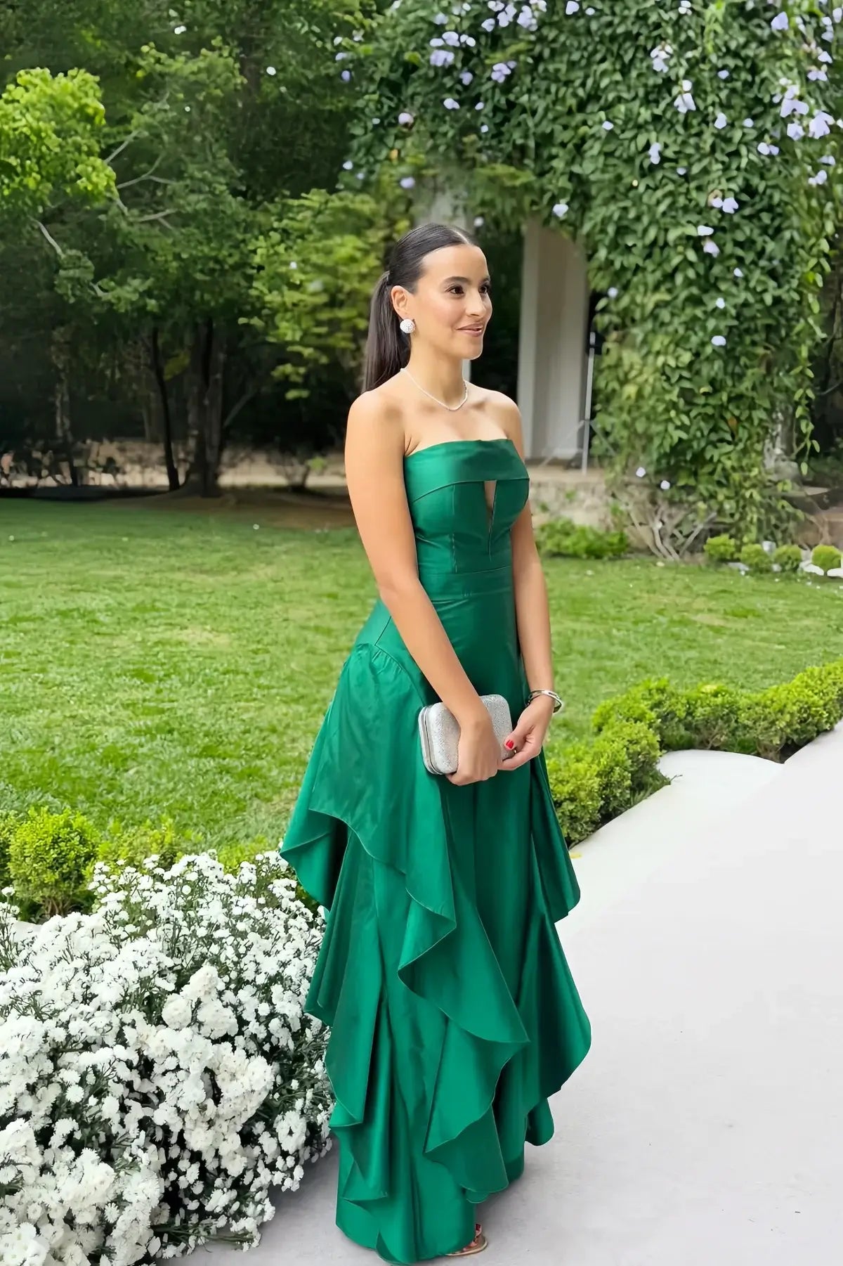 Long Green Strapless Formal Wedding Guest Dress Asymmetric Hem Cut-out