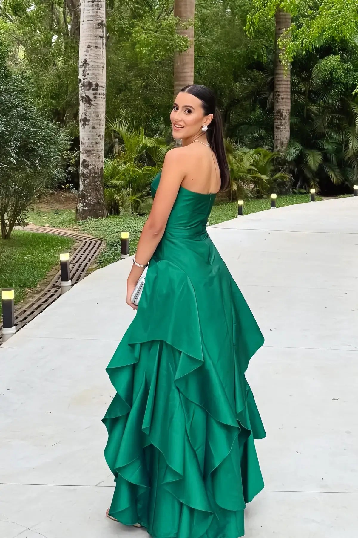 Long Green Strapless Formal Wedding Guest Dress Asymmetric Hem Cut-out