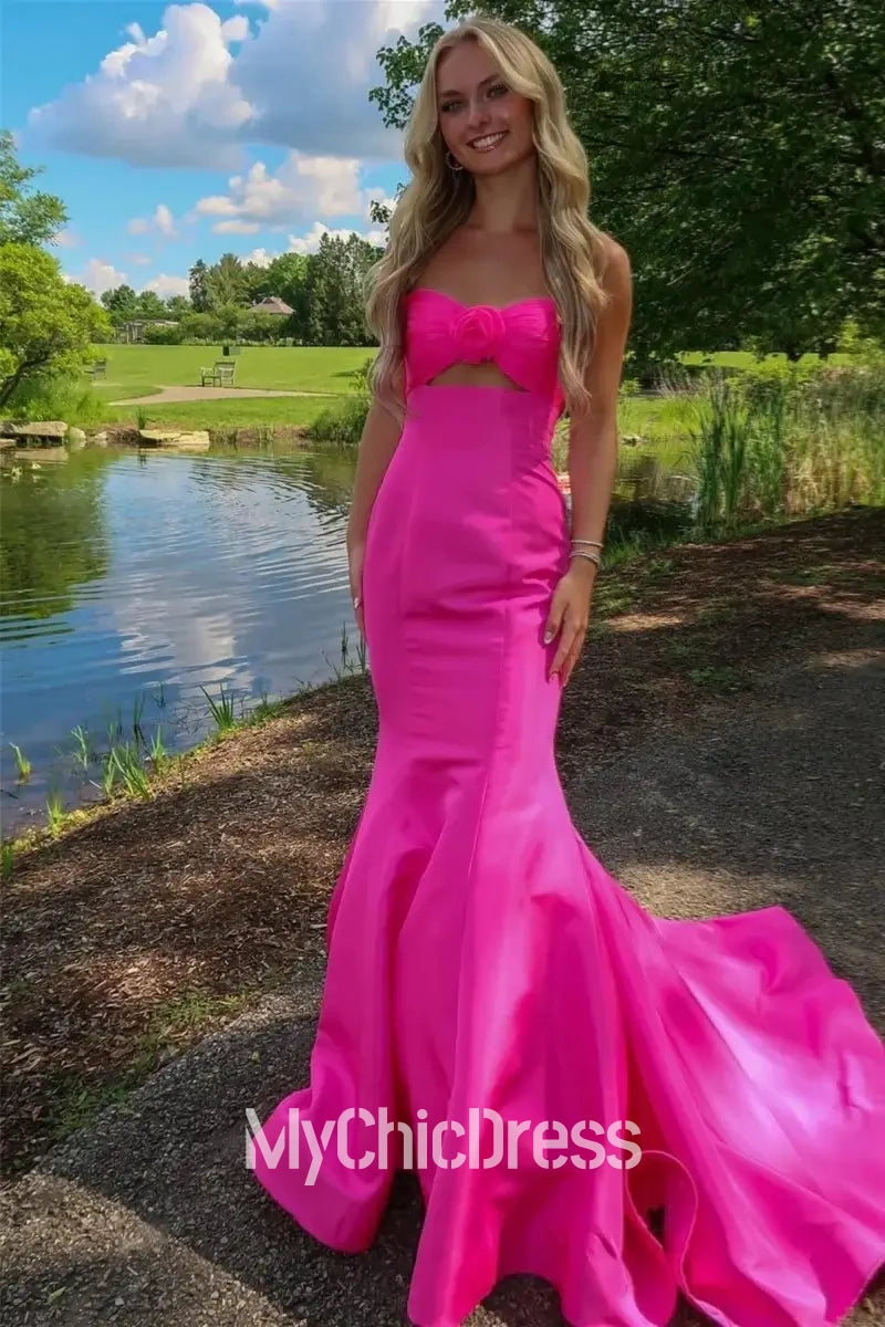Long Hot Pink Satin Prom Dress with Flower Mermaid Sweetheart
