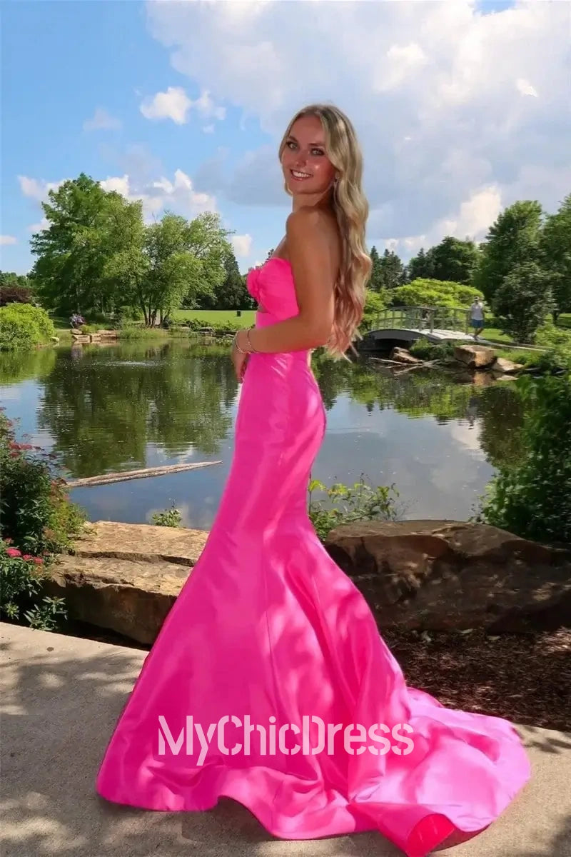 Long Hot Pink Satin Prom Dress with Flower Mermaid Sweetheart