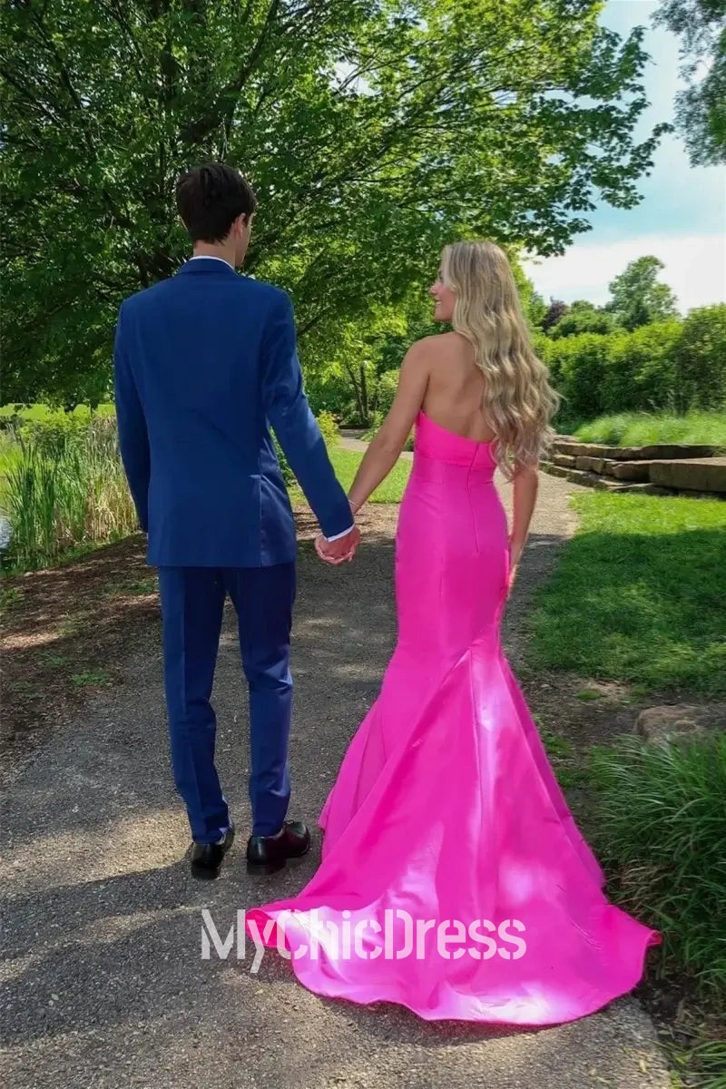 Long Hot Pink Satin Prom Dress with Flower Mermaid Sweetheart