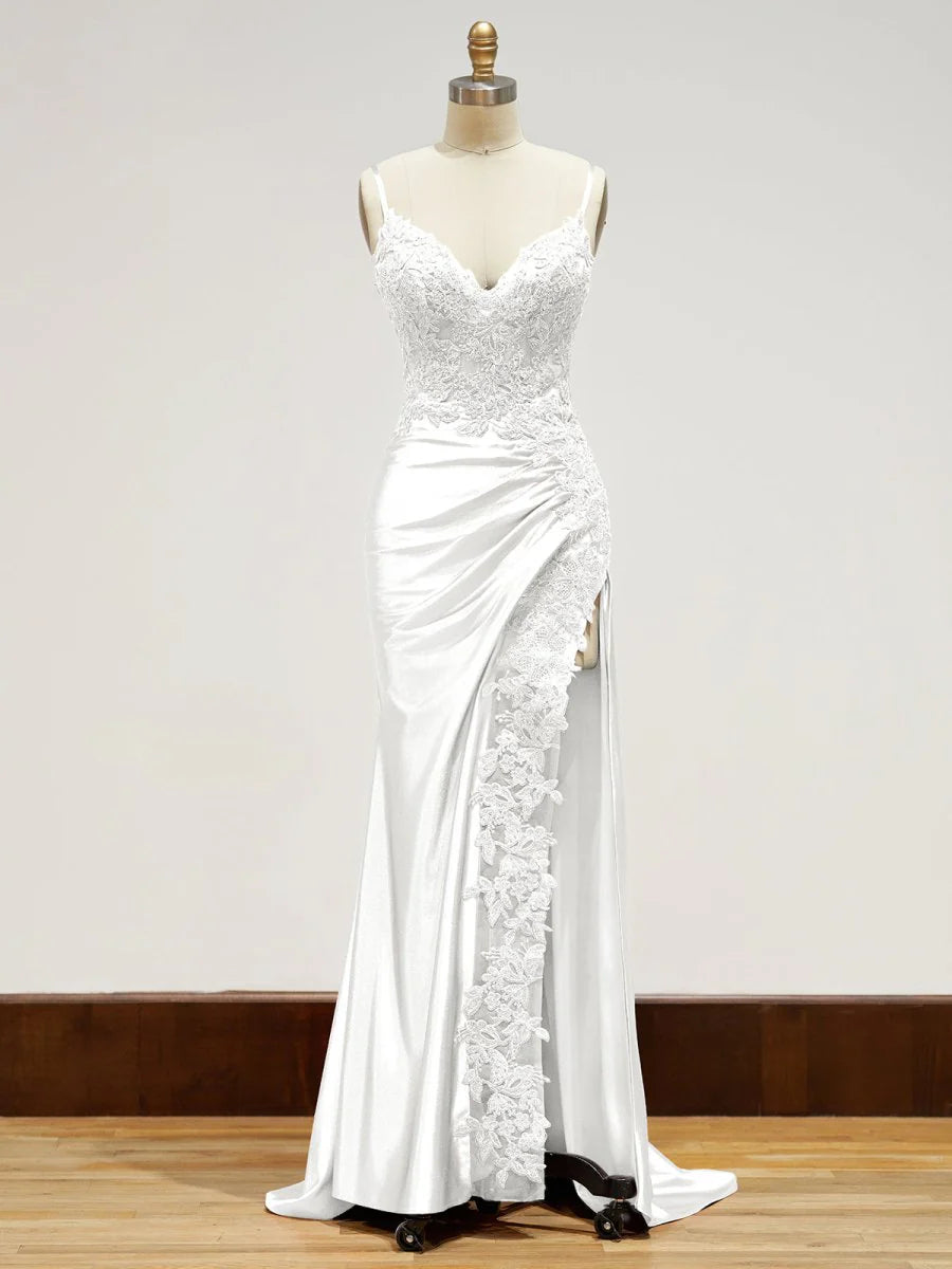 White evening gown Long Lace Formal Dress Appliques with Slit