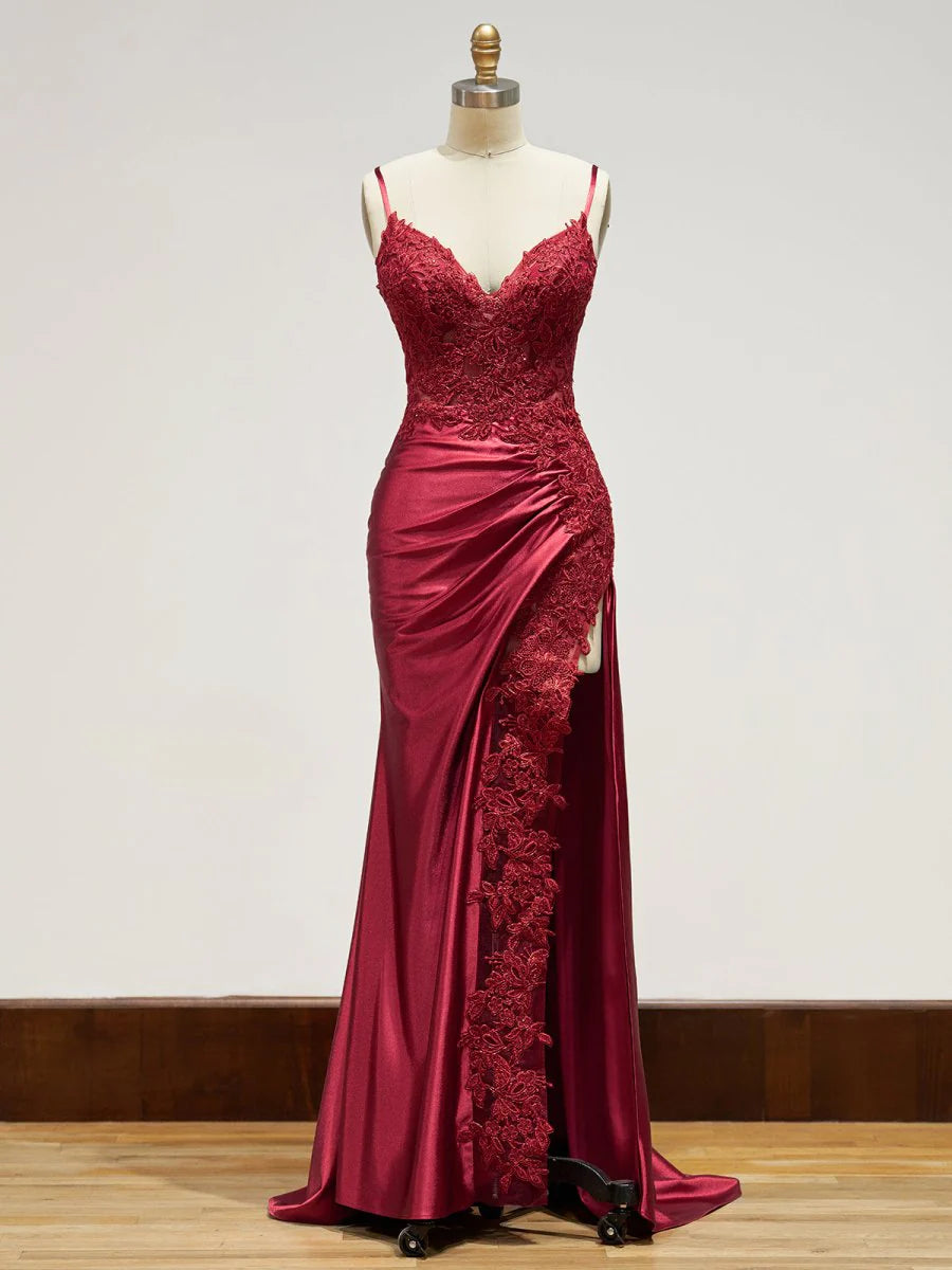 Red evening gown with lace Long Formal Dress Appliques with Slit