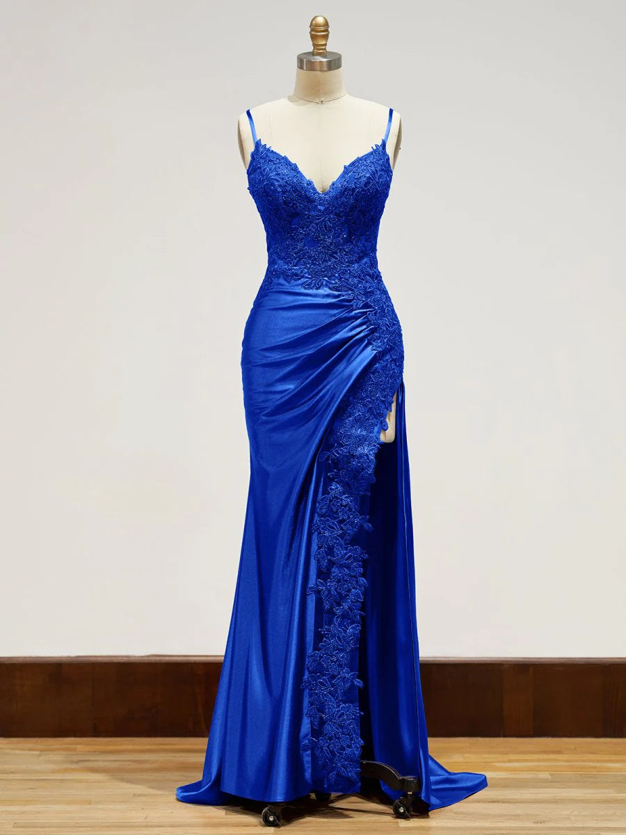 Blue evening gown Long Lace Formal Dress Appliques with Slit