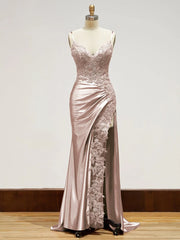 Long Lace Formal Dress Red Appliques Evening Dresses with Slit