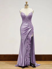Long Lace Formal Dress Red Appliques Evening Dresses with Slit