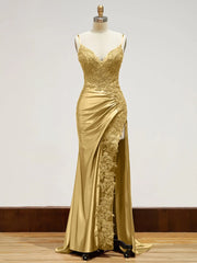 Long Lace Formal Dress Red Appliques Evening Dresses with Slit