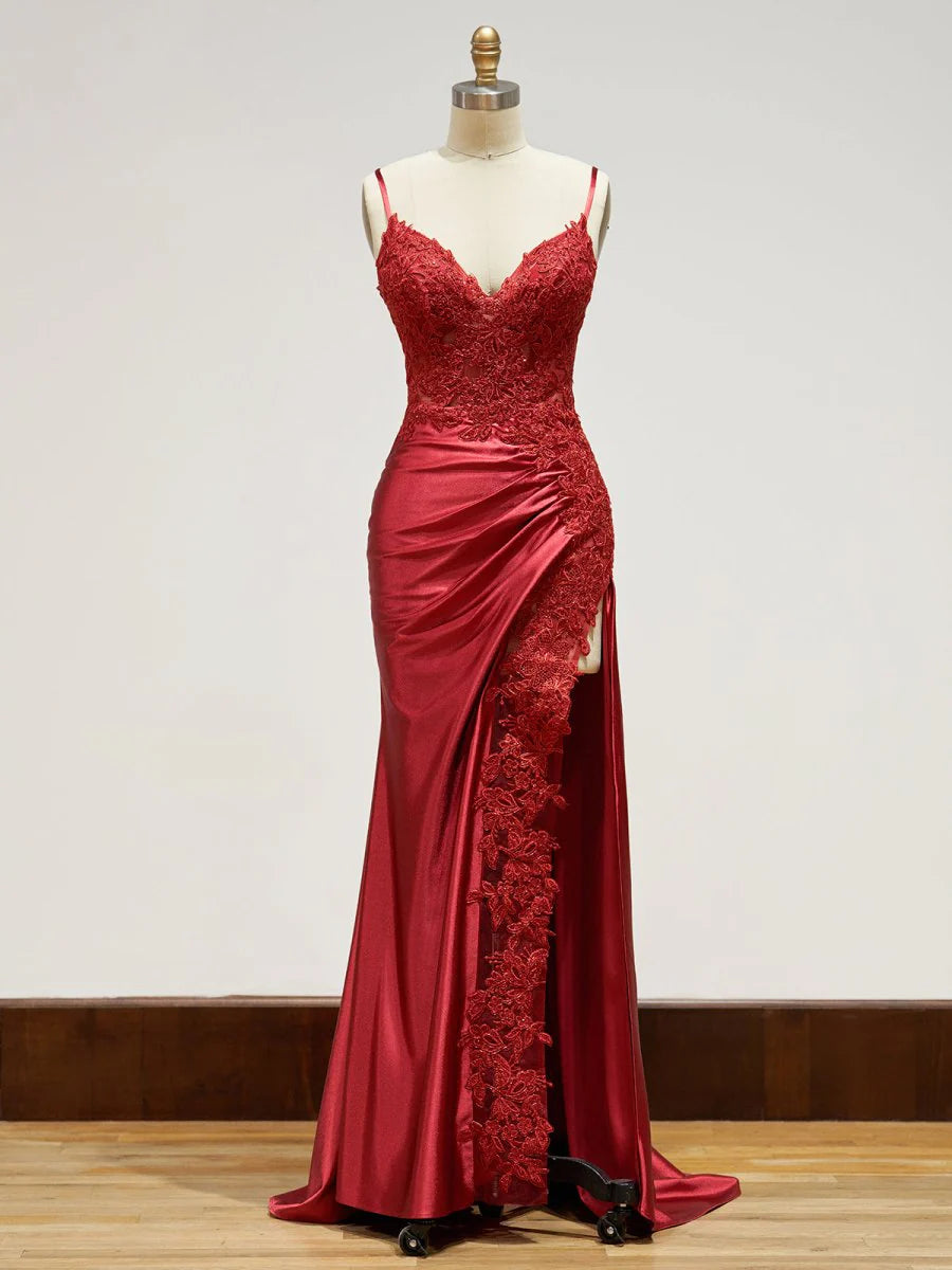 Long Lace Formal Dress Red Evening Dresses Appliques with Slit