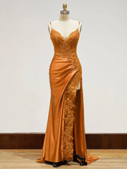 Long Lace Formal Dress Red Appliques Evening Dresses with Slit