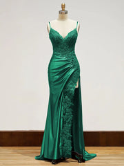 Long Lace Formal Dress Red Appliques Evening Dresses with Slit
