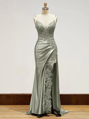 Long Lace Formal Dress Red Appliques Evening Dresses with Slit