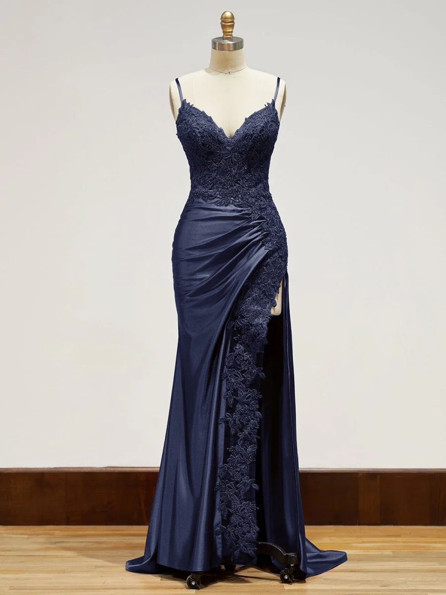 Navy blue evening gown Long Lace Formal Dress Appliques with Slit