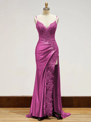 Long Lace Formal Dress Red Appliques Evening Dresses with Slit