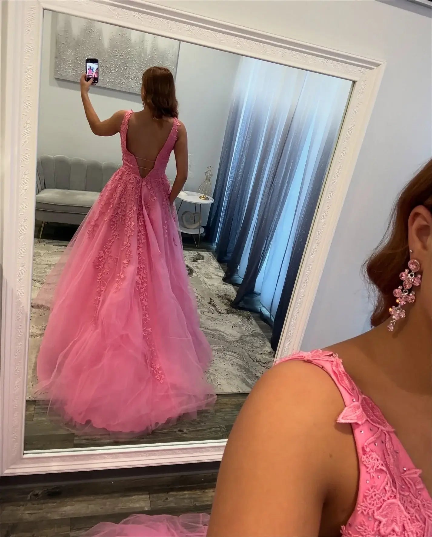 Long Lace Pink Prom Dresses for Girls V Neck A Line Evening Gowns