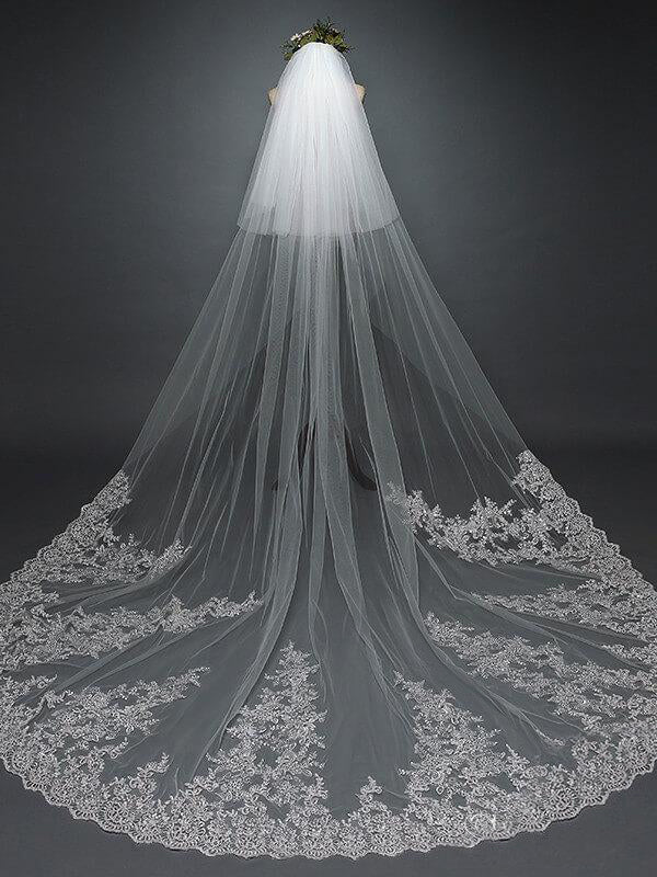 Long Lace Wedding Veil Ivory Cathedral Veil with Blusher