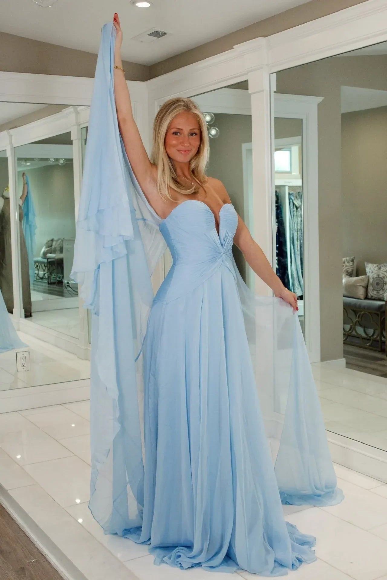 Long Light Blue Prom Dress Strapless Chiffon Pleated Evening Gown