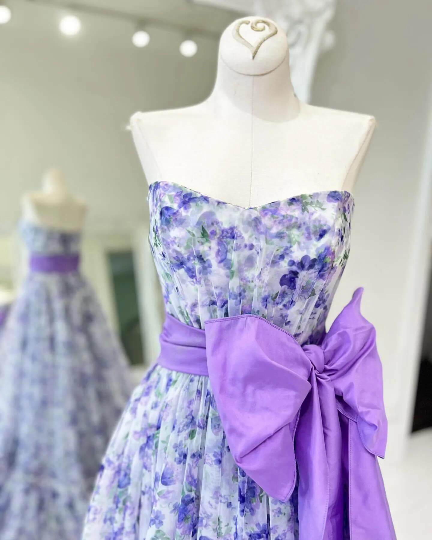 Long Purple Floral Prom Dresses Strapless Evening Gown with Bow