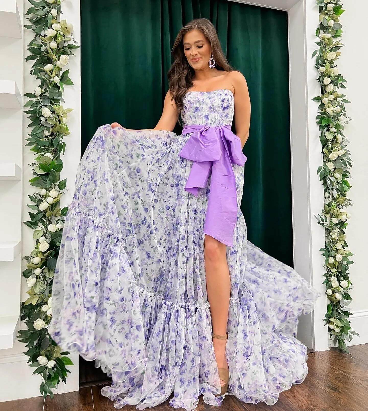 Long Purple Floral Prom Dresses Strapless Evening Gown with Bow