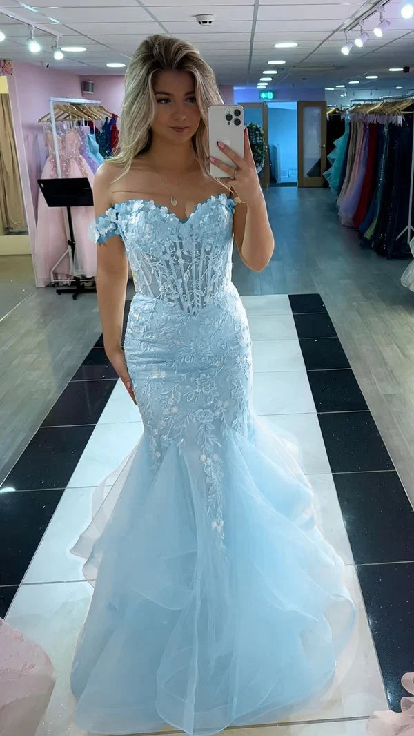 Long Mermaid Blue Evening Gown Lace Corset Prom Dress Tulle
