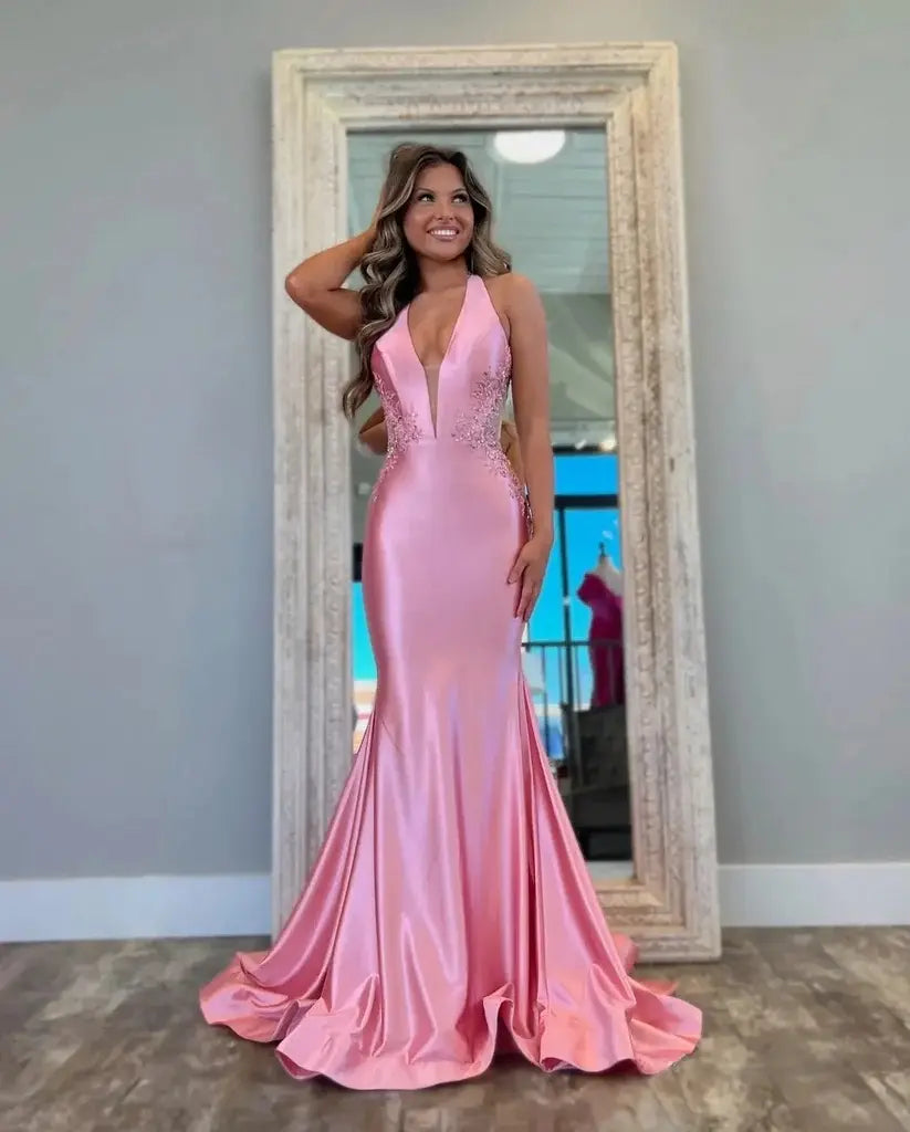 Long Mermaid Formal Dress Satin Lace Halter Prom Dress Pink