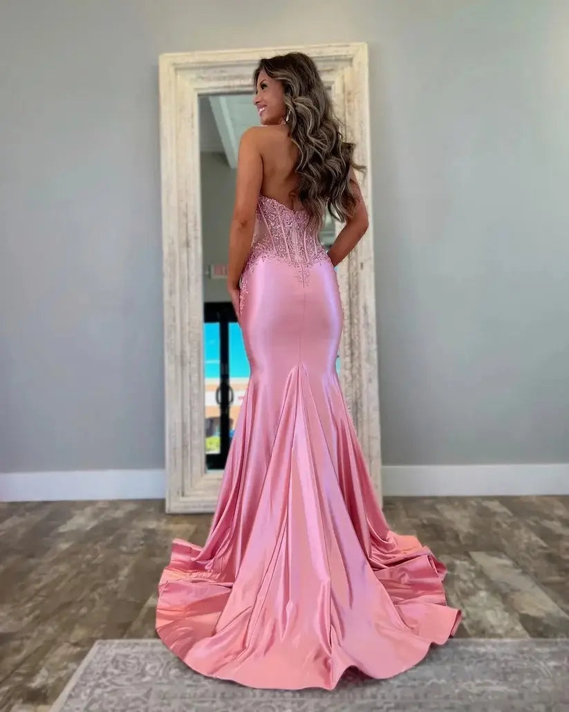 Long Mermaid Formal Dress Satin Lace Halter Prom Dress Pink