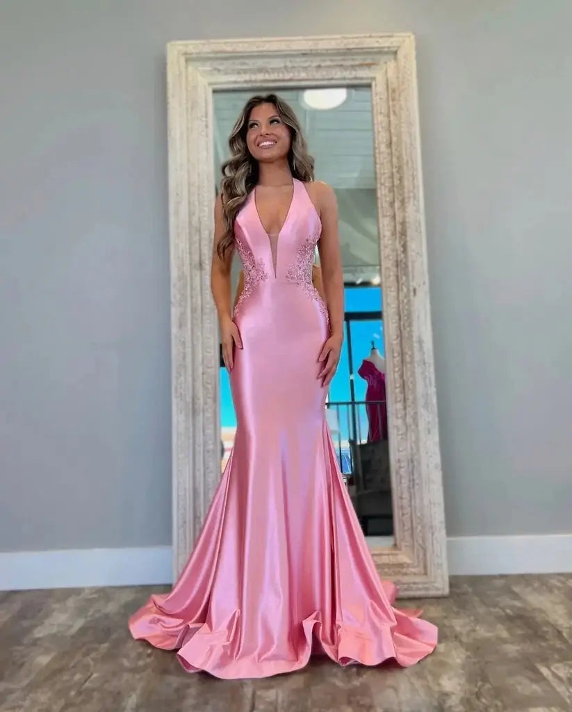 Long Mermaid Formal Dress Satin Lace Halter Prom Dress Pink