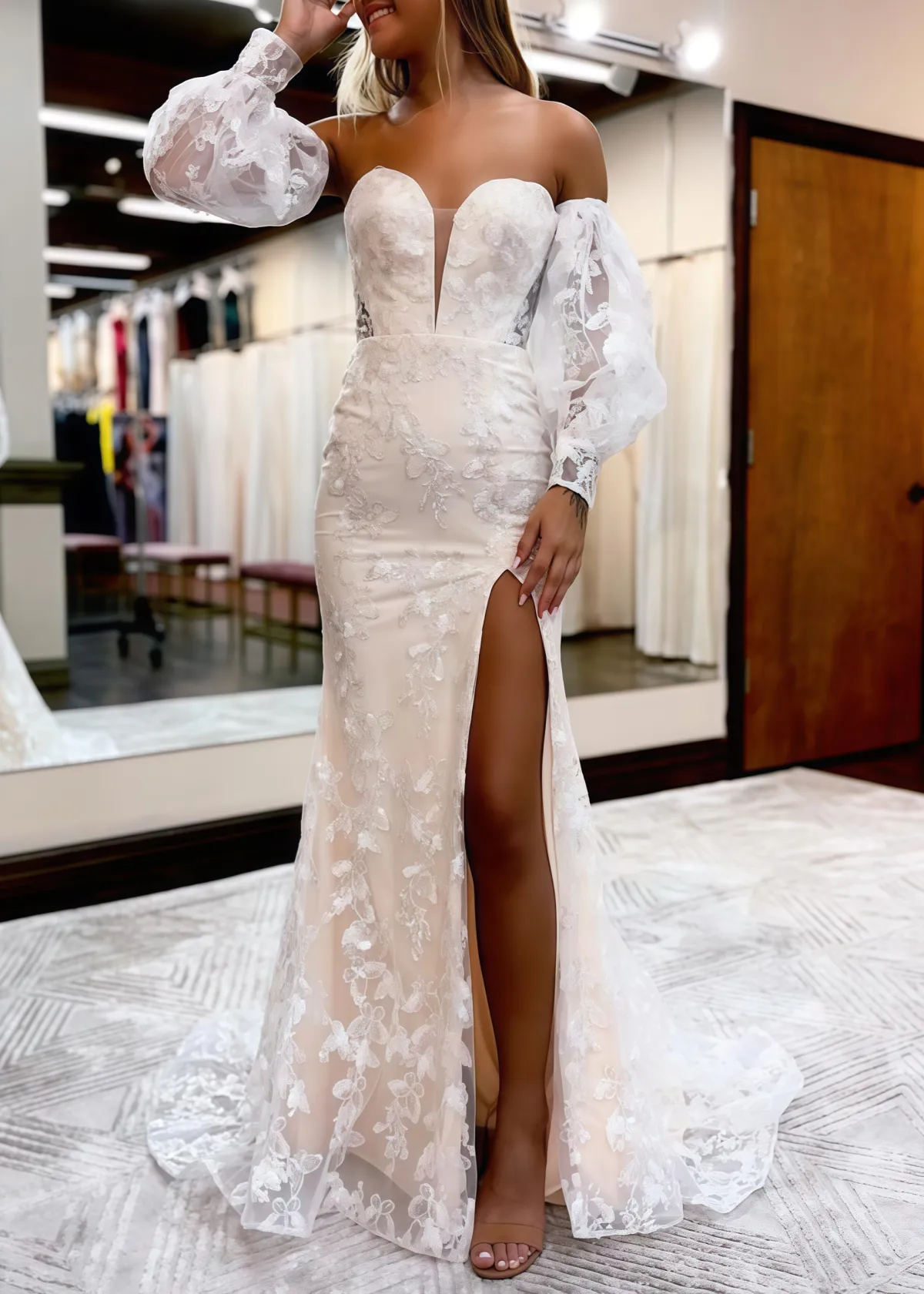 Long Mermaid Lace Flowers Prom Dress with Bubble Sleeves Mychicdress