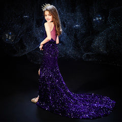 Long Mermaid Purple Halter Flower Girl Dress Sequined