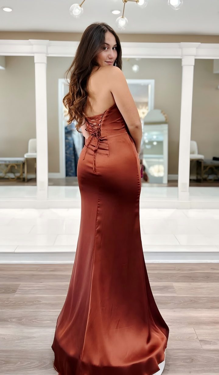 Long Mermaid Rust Boho Wedding Guest Dress Satin Halter with slit