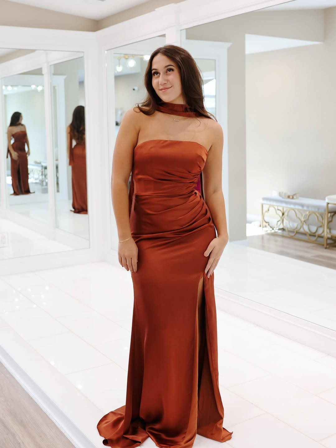 Long Mermaid Rust Boho Wedding Guest Dress Satin Halter with slit