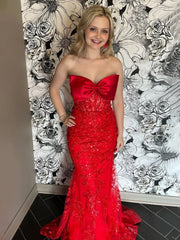 Long Mermaid Strapless red Prom Dresses Appliques with Bow