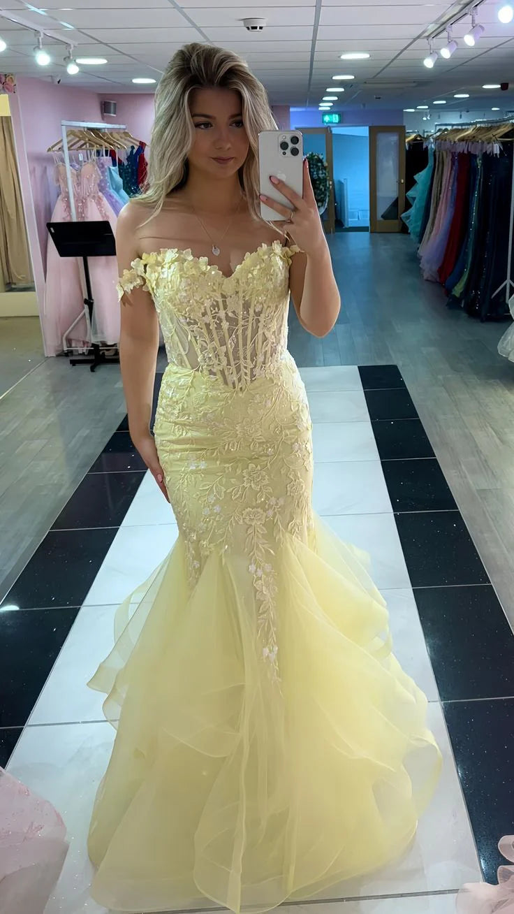Long Mermaid Yellow Evening Gown Lace Corset Prom Dress Tulle