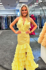 Long Mermaid Yellow Prom Dress with Ruffles Backless