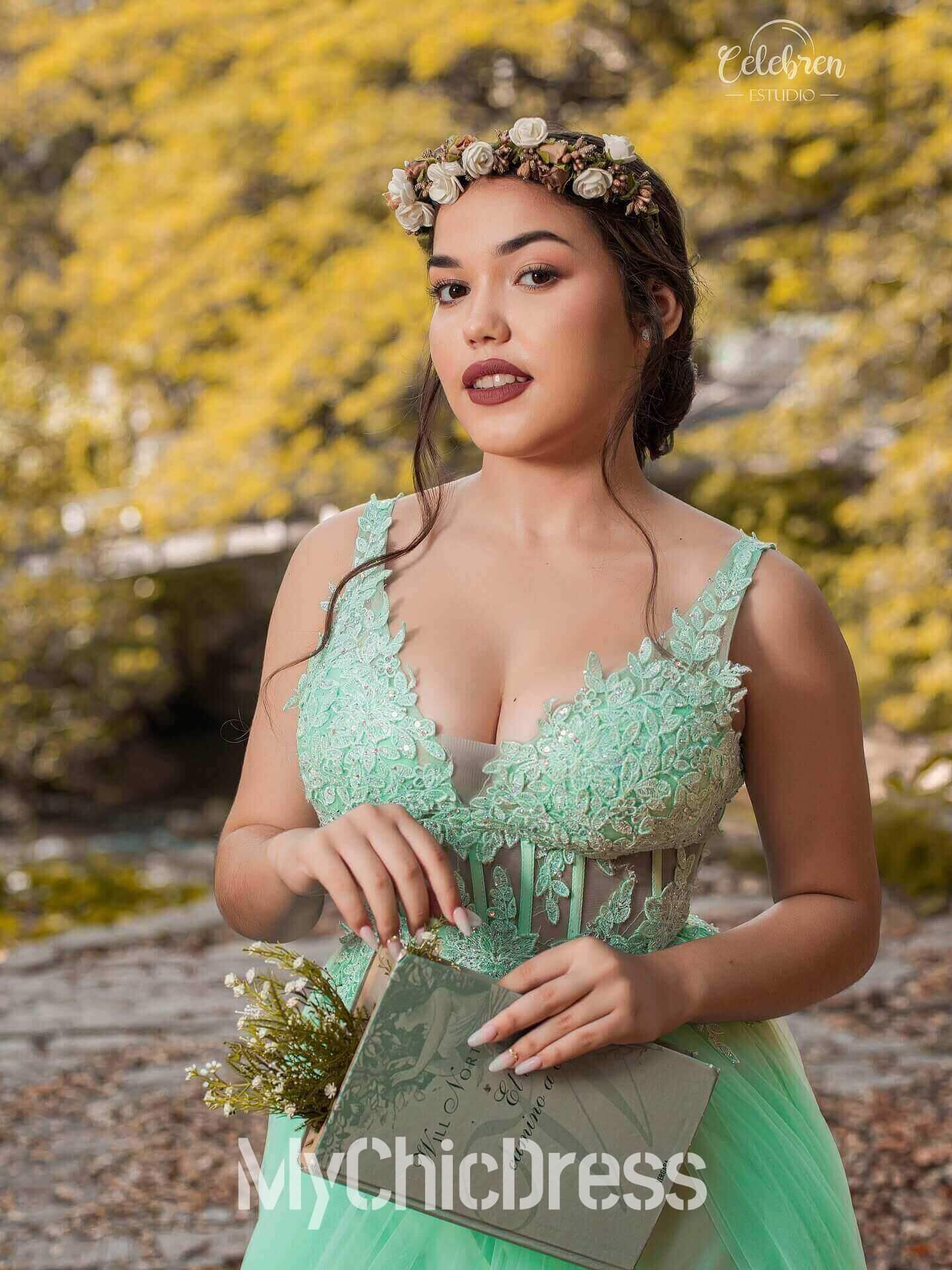 Long Mint Green Lace Prom Dresses A Line Corset Sweet 16 Dress