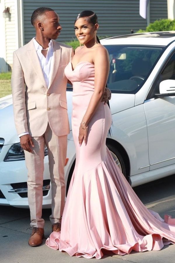 Long Pearl Pink Satin Mermaid Strapless Evening Gown UK Mychicdress