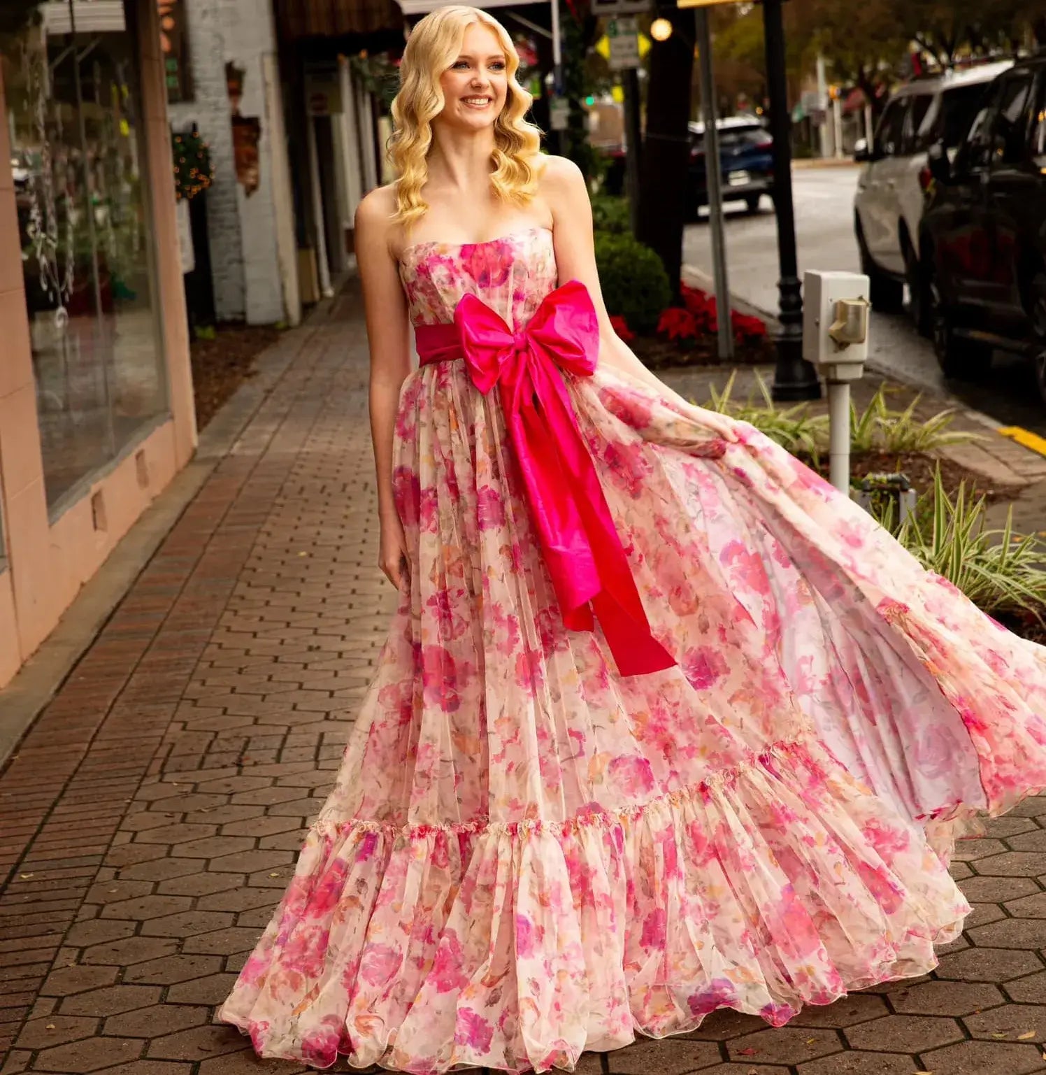 Long Floral pink Evening Gown Strapless Prom Dresses with Bow