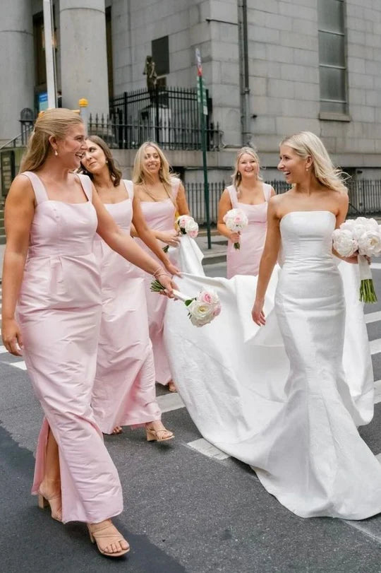 Long Straps Satin Pink Bridesmaid Dress Mermaid Square Neck Sleeveless