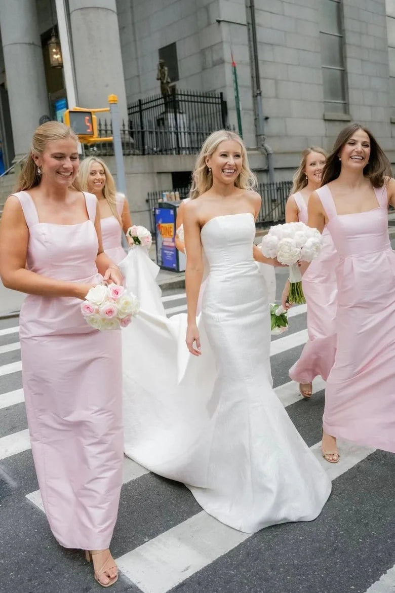Long Pink Straps Bridesmaid Dress Mermaid Square Neck Satin Sleeveless