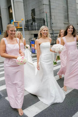 Long Pink Straps Bridesmaid Dress Mermaid Square Neck Satin Sleeveless