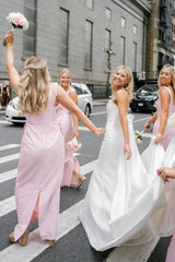 Long Pink Straps Bridesmaid Dress Mermaid Square Neck Satin Sleeveless
