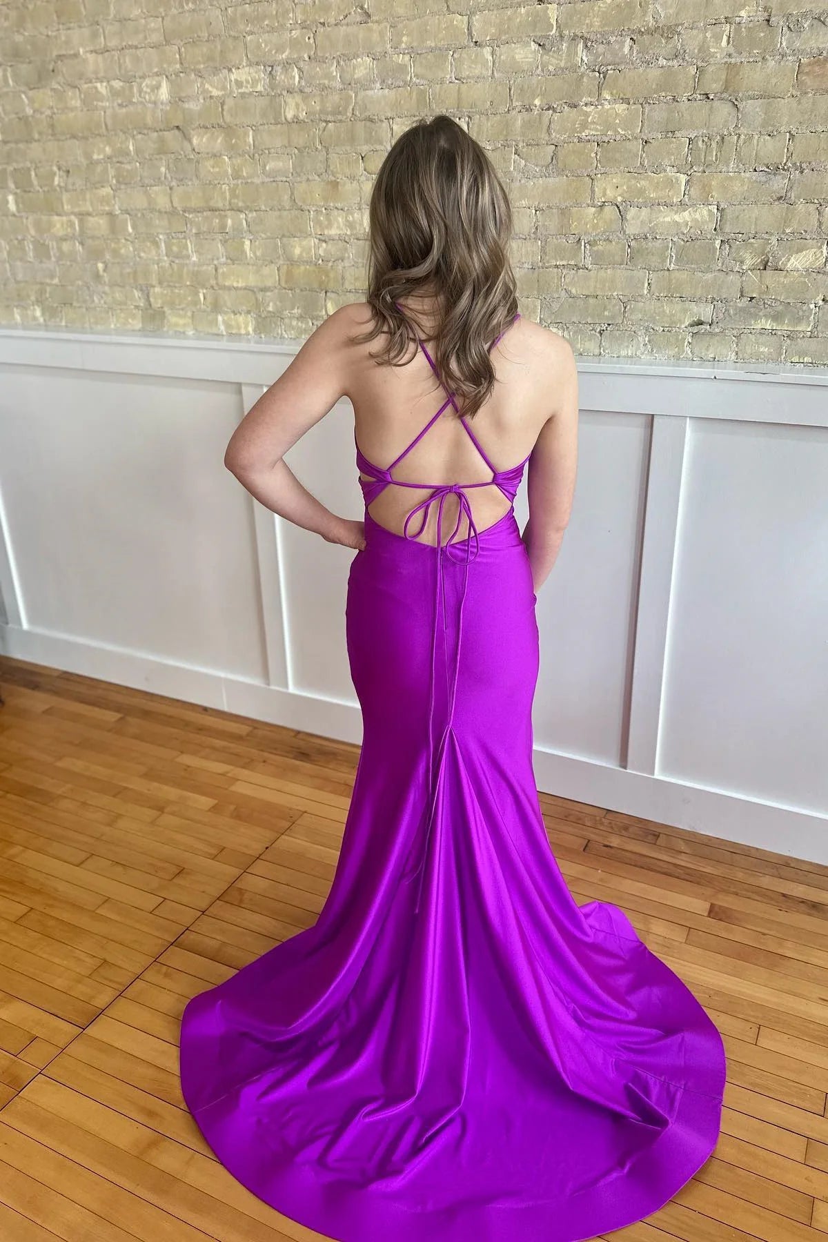 Long Purple Mermaid Ruched Formal Guest Dress Spaghetti Strap Mychicdress