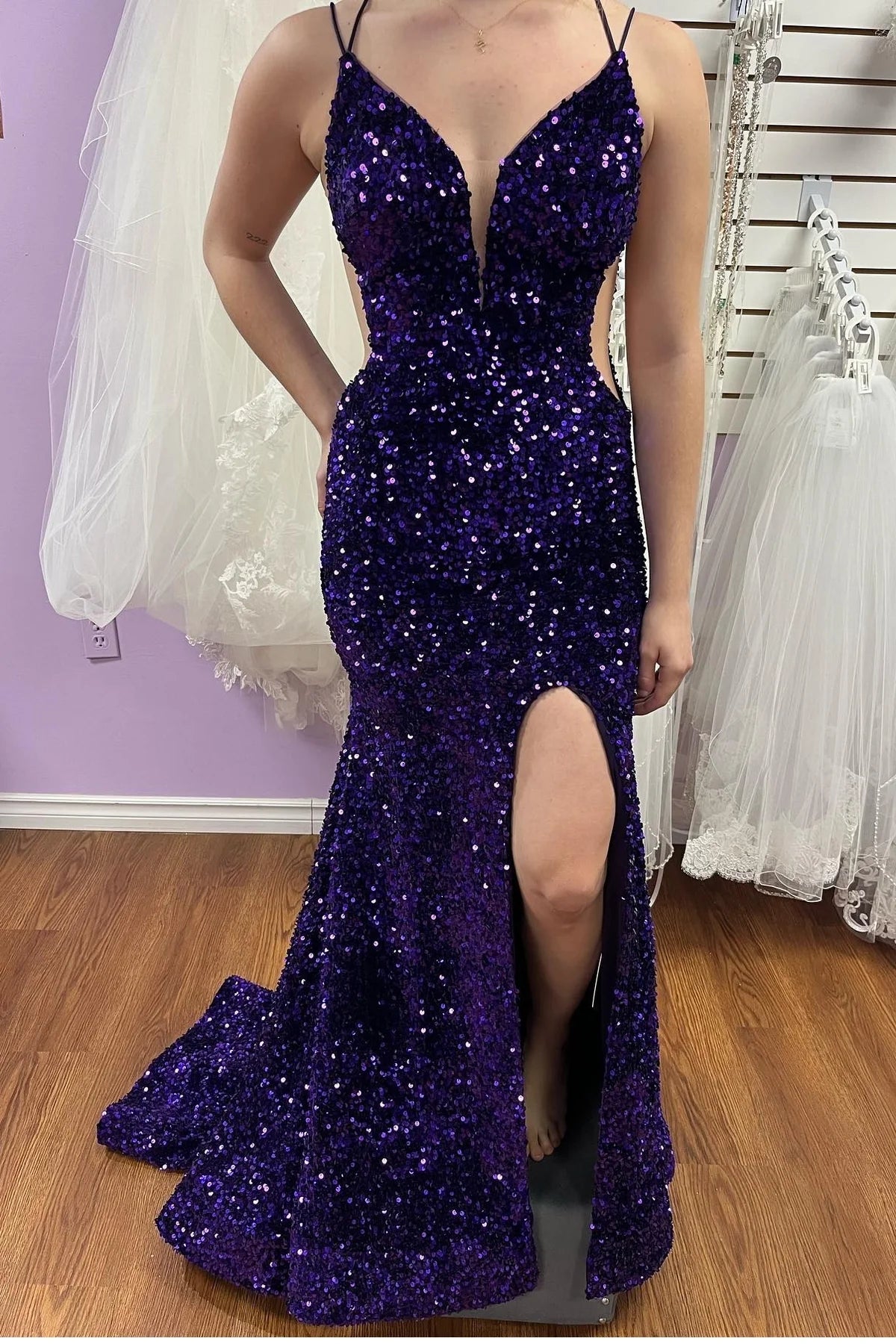 Long Purple Sequin Evening Gown UK Mermaid Straps Lace Up Back Mychicdress