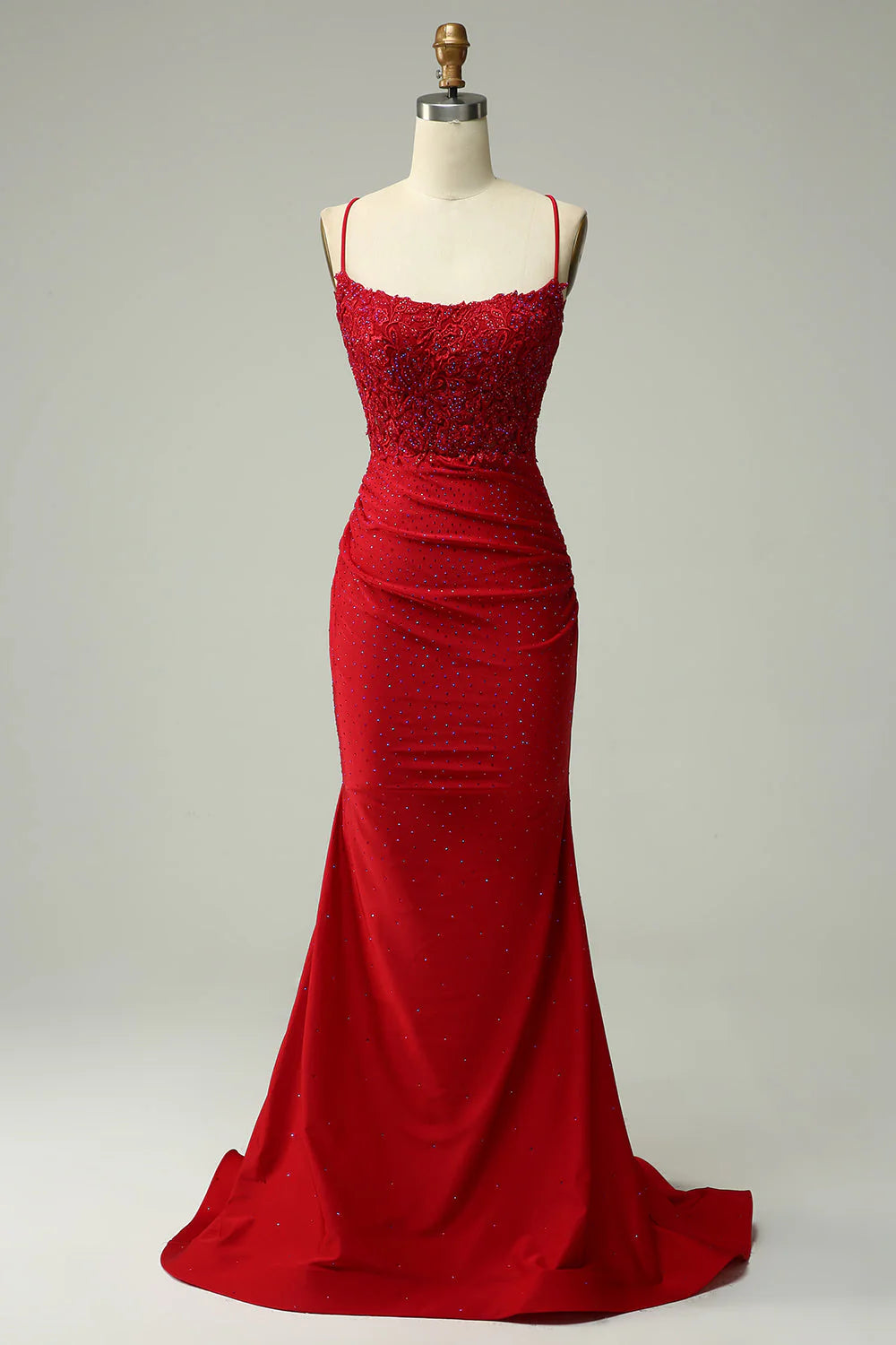 Long red Evening Gown with Beaded Appliques