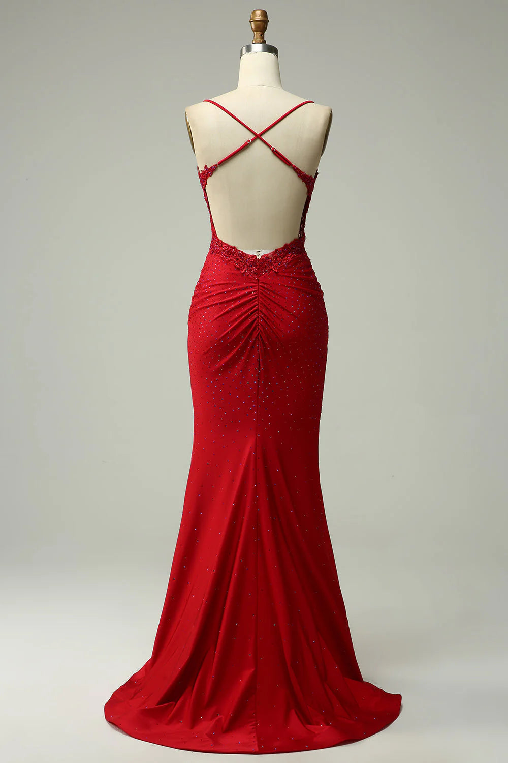 Long red Evening Gown with Beaded Appliques