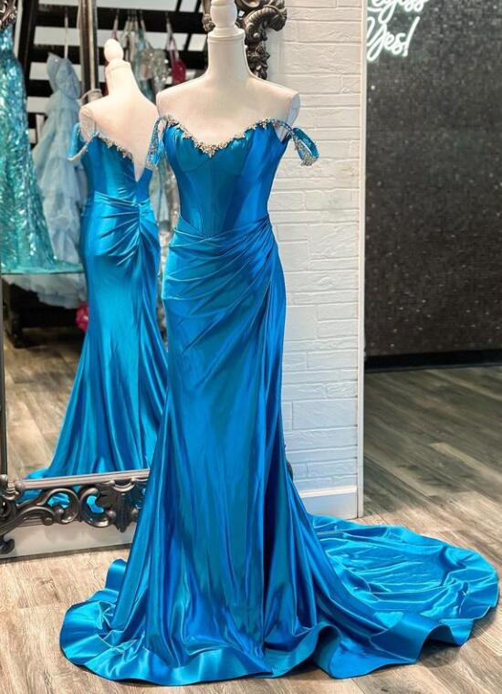 Long  Blue Formal Dress Satin Off the Shoulder with Beaded Neck