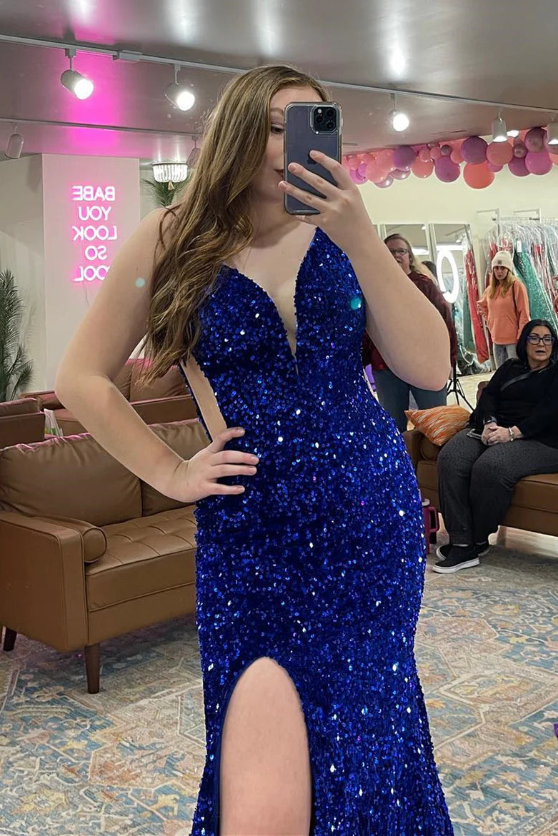 Long Sequin royal blue Evening Gown UK Mermaid Straps Lace Up Back Mychicdress