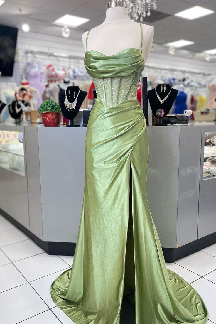 Green evening gown Long Sage Formal Dress Corset Satin Prom Dress Scoop Neck with Slit
