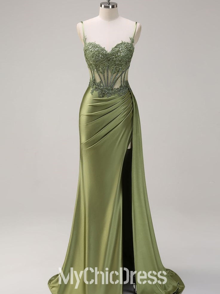 Long Sage Green Formal Dress Mermaid Lace Beaded with Slit Mychicdress