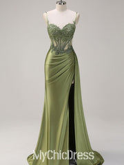 Long Sage Green Formal Dress Mermaid Lace Beaded with Slit Mychicdress